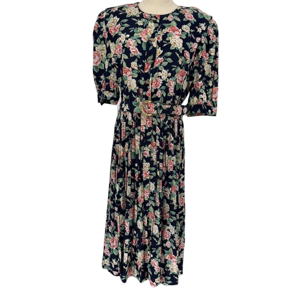 Vintage Lady Carol of New York‎ Rayon Floral Belted Midi Dress Navy Blue 14